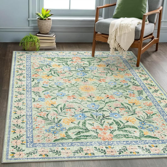 Wonnitar Machine Washable 5x7 Area Rug, Boho Floral Rugs for Living Room Non-Slip, Soft Pink and Green Flower Ultra-Thin Non Shedding Carpet for Bedroom Dining Room Nursery