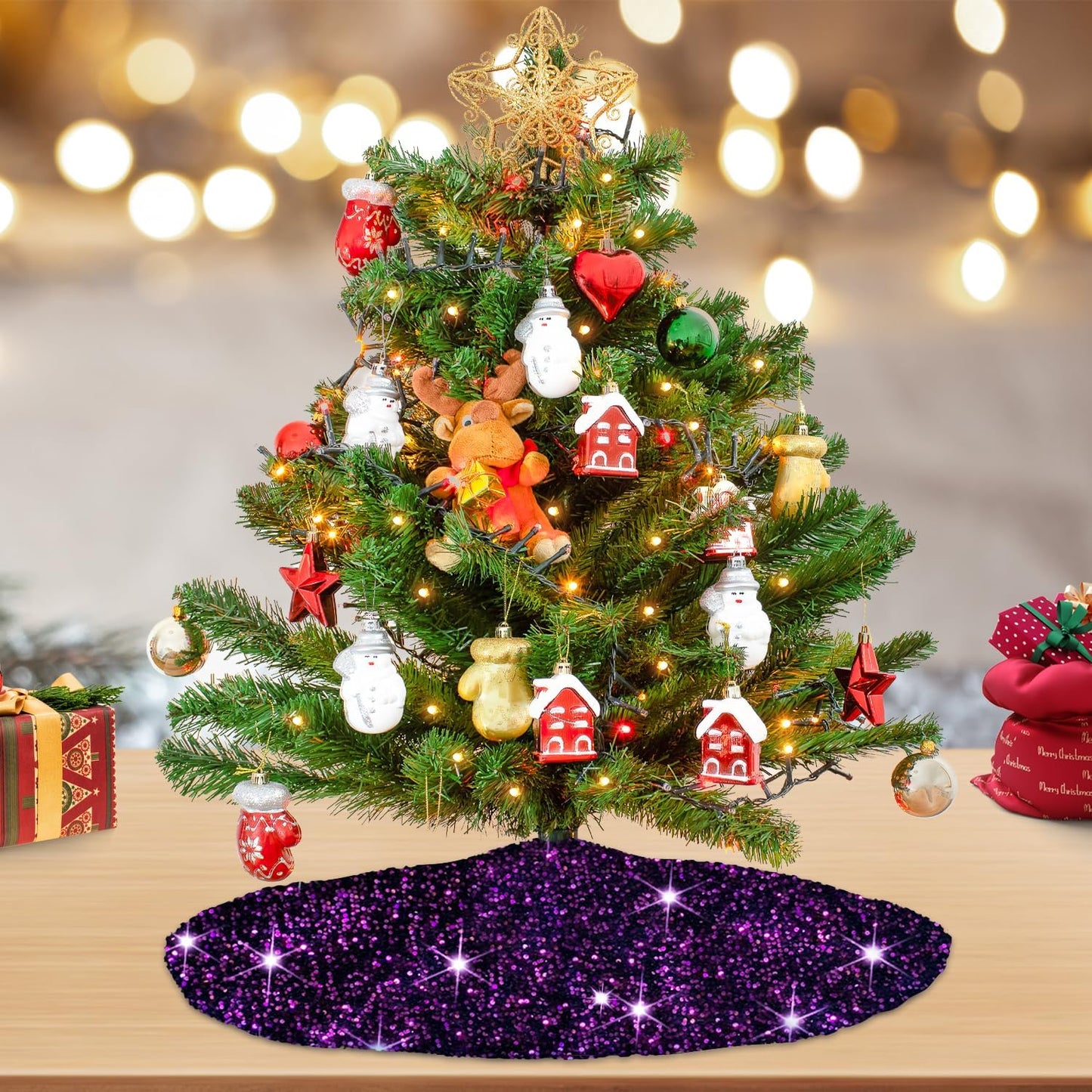 Purple Christmas Tree Skirts 21 Inch Xmas Tree Collar with Velvet Fabric Luxury Shiny Christmas Tree Mat Round Table TopTree Blanket Decoration for Happy New Year Christmas Party Holiday Birthday