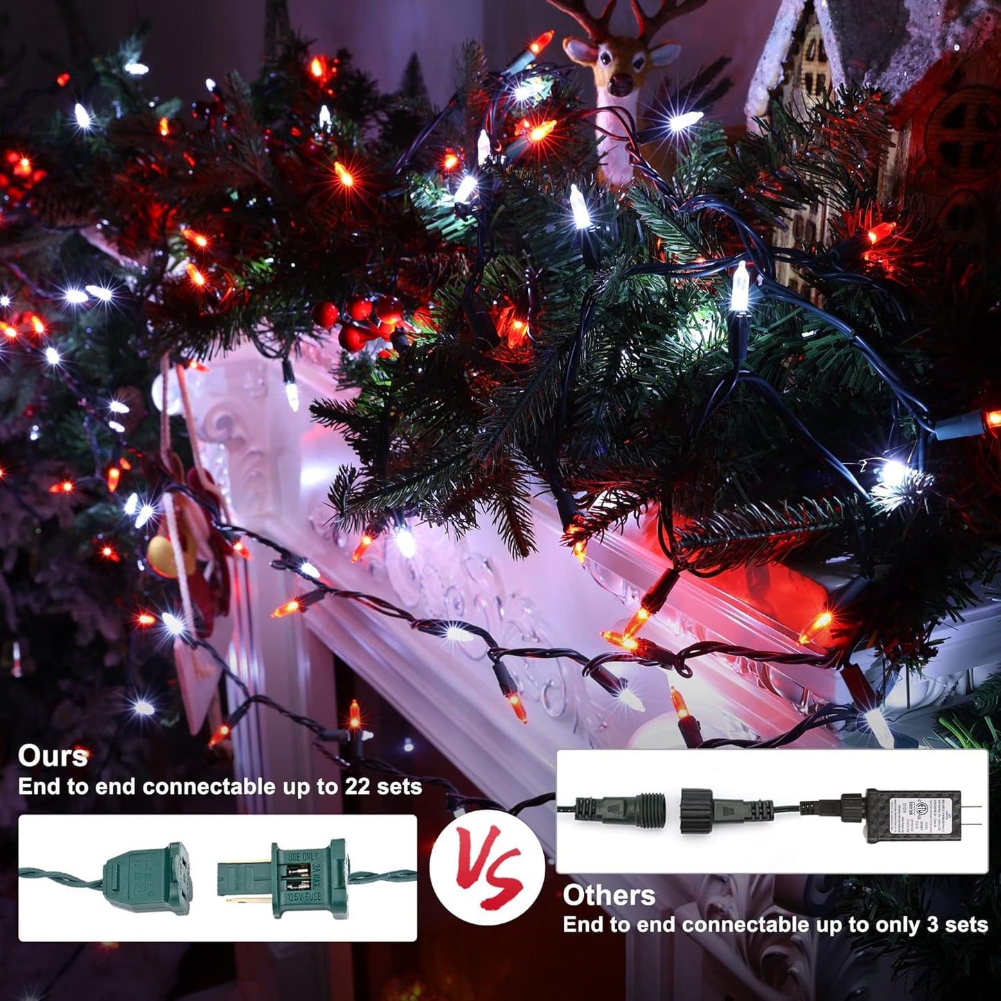 Brizled Red & White Christmas Lights, 33ft 100 LED Christmas Tree Lights, 120V UL Listed Mini String Lights Connectable, Plugin LED Xmas Lights, Indoor Christmas Lights for Outdoor Party Home Decor