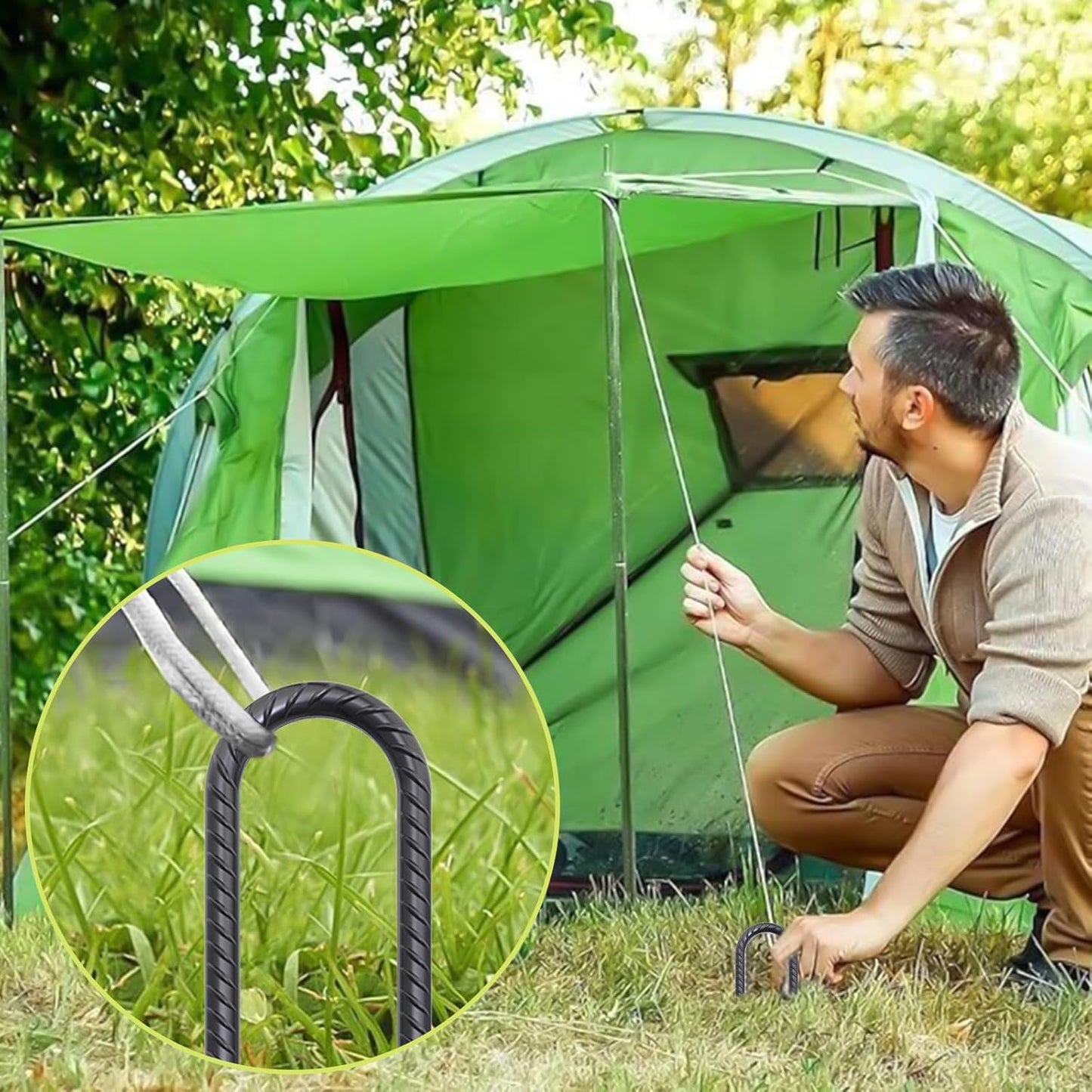 AAGUT 16 Inch 8 Pcs Rebar Trampoline Stakes 3/8" Extra Heavy Duty Metal Steel High Wind Ground Anchors Galvanized U Shaped Hook for Camping Tent Round Chisel Point End Black Powder Coated