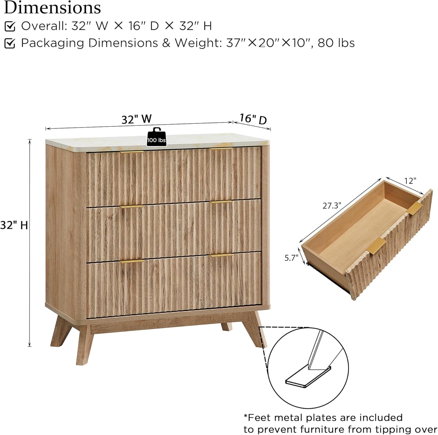 T4TREAM 32" Tall Fluted Nightstand, Modern Side Table with Faux Marble Top, 3 Drawers End Table w/Storage, Bedside Table for Bedroom, Living Room, Curved Profile Design, Natural Oak