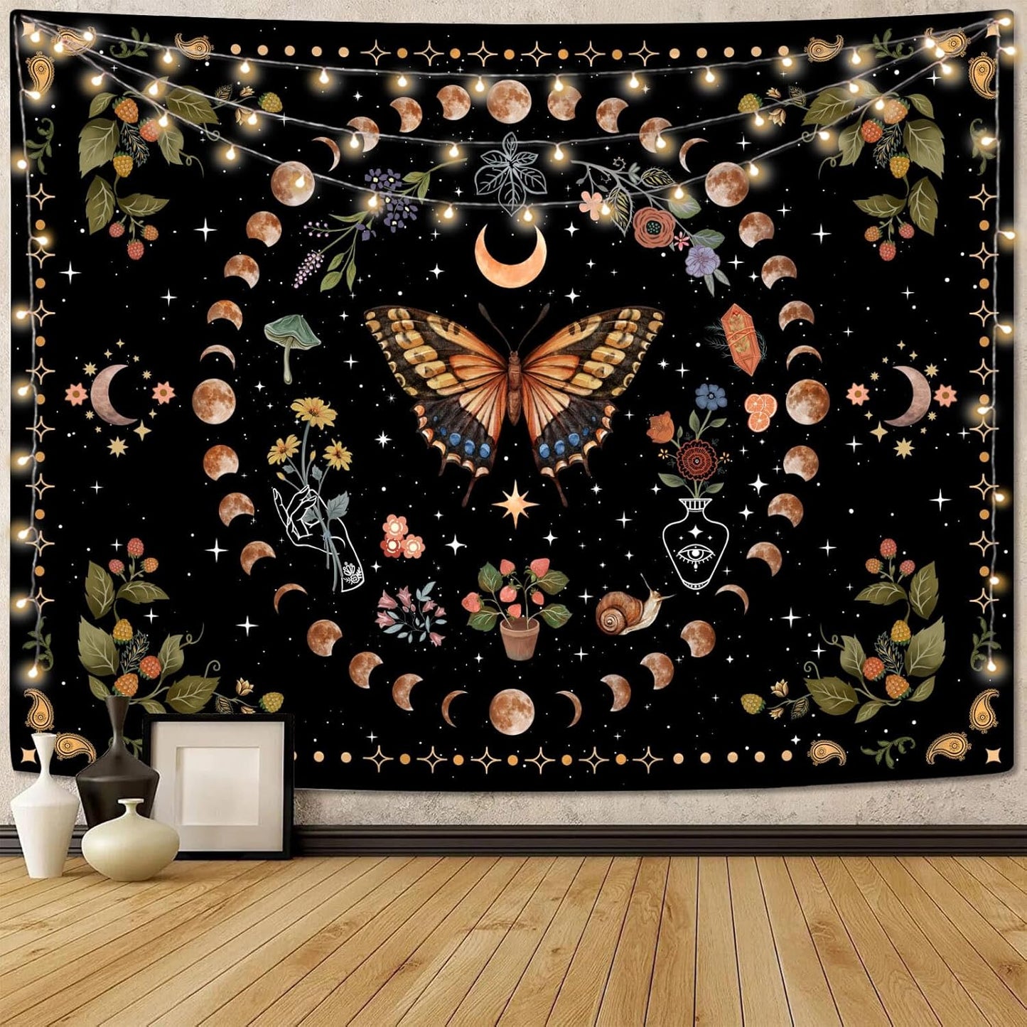 Aipon Yellow Butterfly Moon Flower Tapestry Botanical Floral Plant Boho Tapestry for Bedroom Aesthetic Vintage Tapestries Wall Hanging for Living Room Dorm (60.00'' × 80.00'', Yellow)