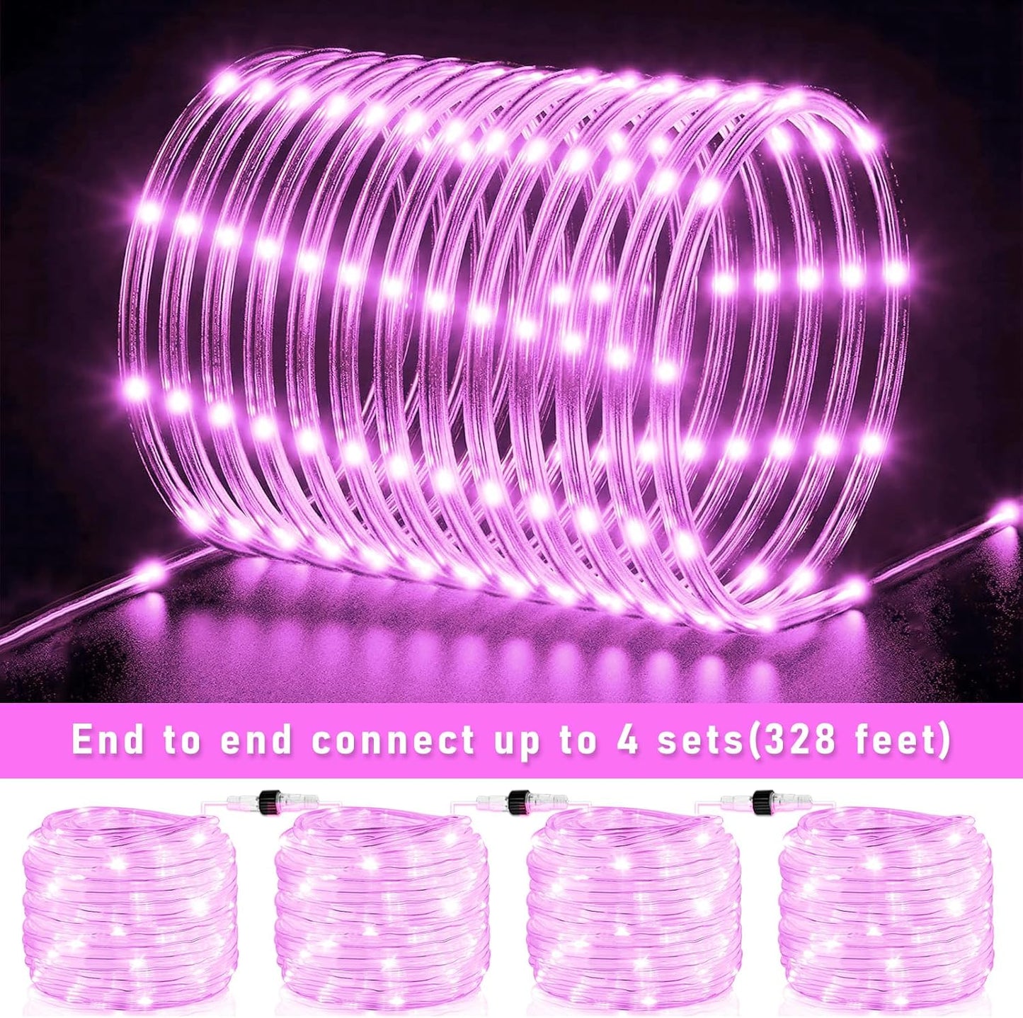 100FT 300 LED Rope Lights Outdoor, Connectable and Flexible Tube Lights with 8 Modes, Waterproof Rope Lighting Indoor for Deck, Garden, Backyard, Pool, Patio, Pool, Camping Decorations - Pink