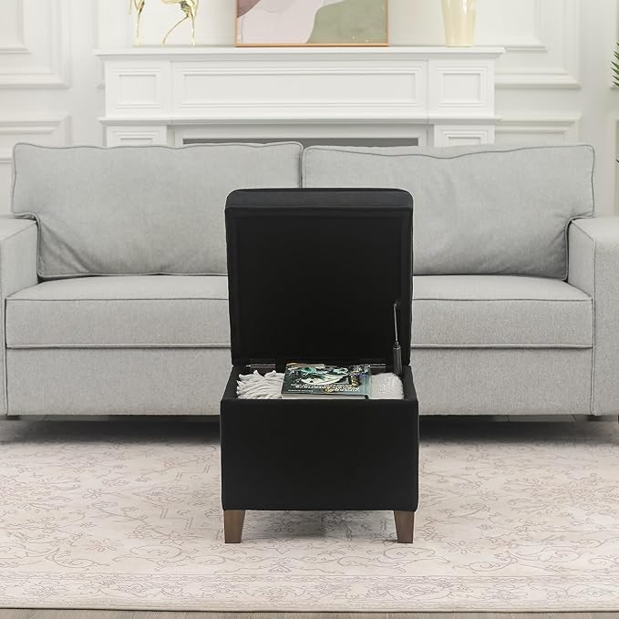 Adeco 17.5" Square Fabric Ottoman with Storage - Upholstered Cotton Linen Foot Rest - Flip Top Footstool with Sturdy Wood Legs, Small Cube Coffee Table Extra Seat for Living Room, Bedroom, Black