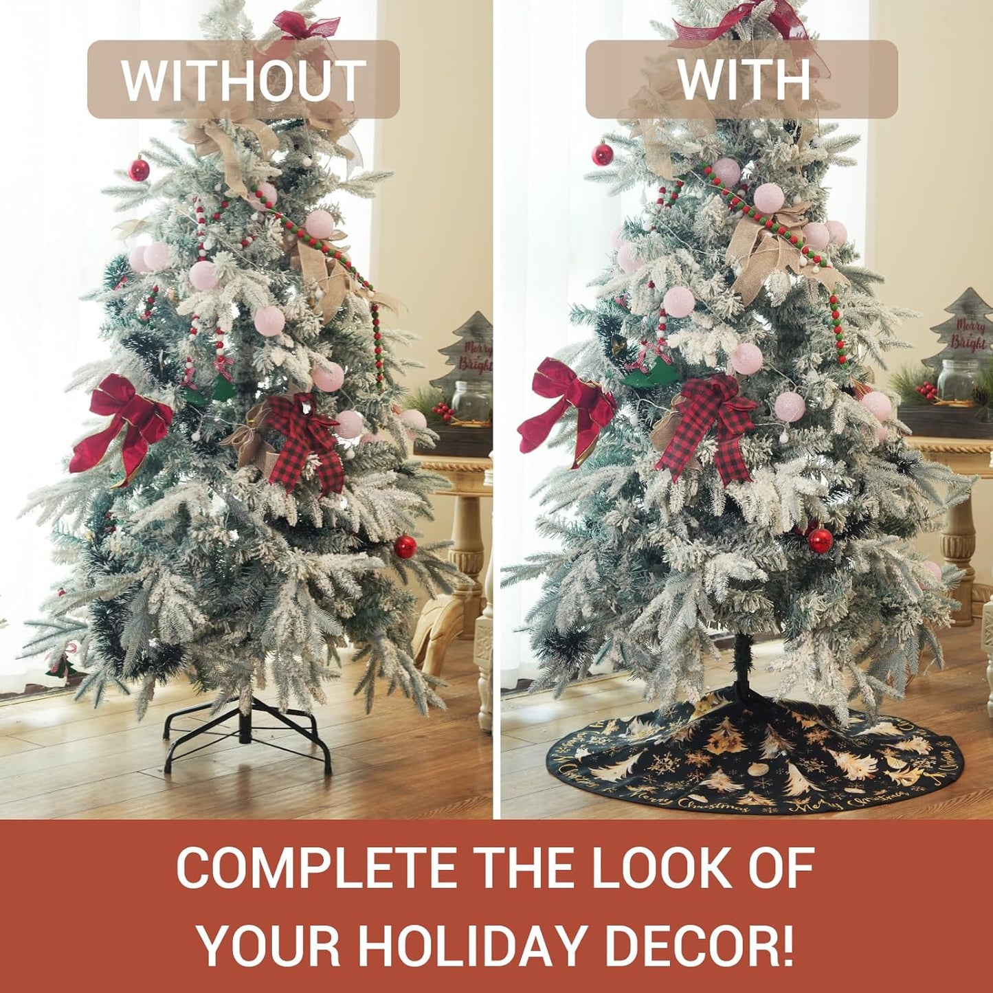 CROWNED BEAUTY Merry Christmas Tree Skirt Collar 48 Inch Xmas Trees Snowflakes Soft Farmhouse Holiday Decoration (Gold & Black) TS26