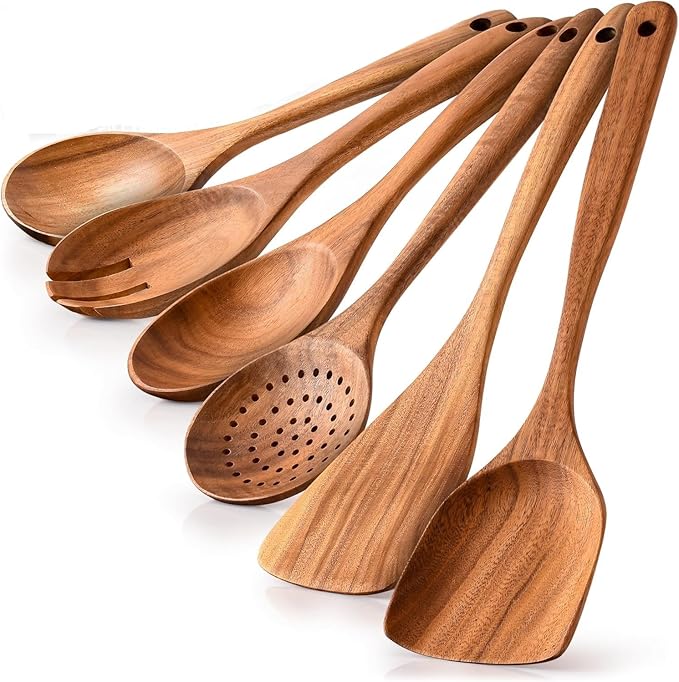 Wooden Spoons for Cooking Utensils Set with Holder, Spoon Rest & Hooks, Teak Wood Nonstick Kitchen Cookware