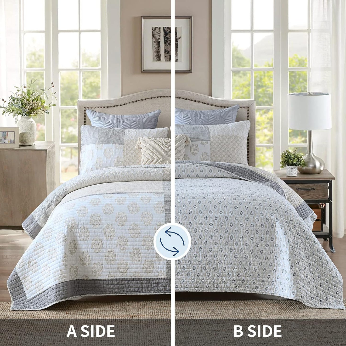 PANGUSHAN Quilt Set Queen Size, 100% Cotton Bedspread Quilt Bedding Set, Floral Patchwork Quilt Set for Queen Bed, Moonbeam Bed Spread, Lightweight Comforter Reversible Quilt, All Season, 3 Pieces