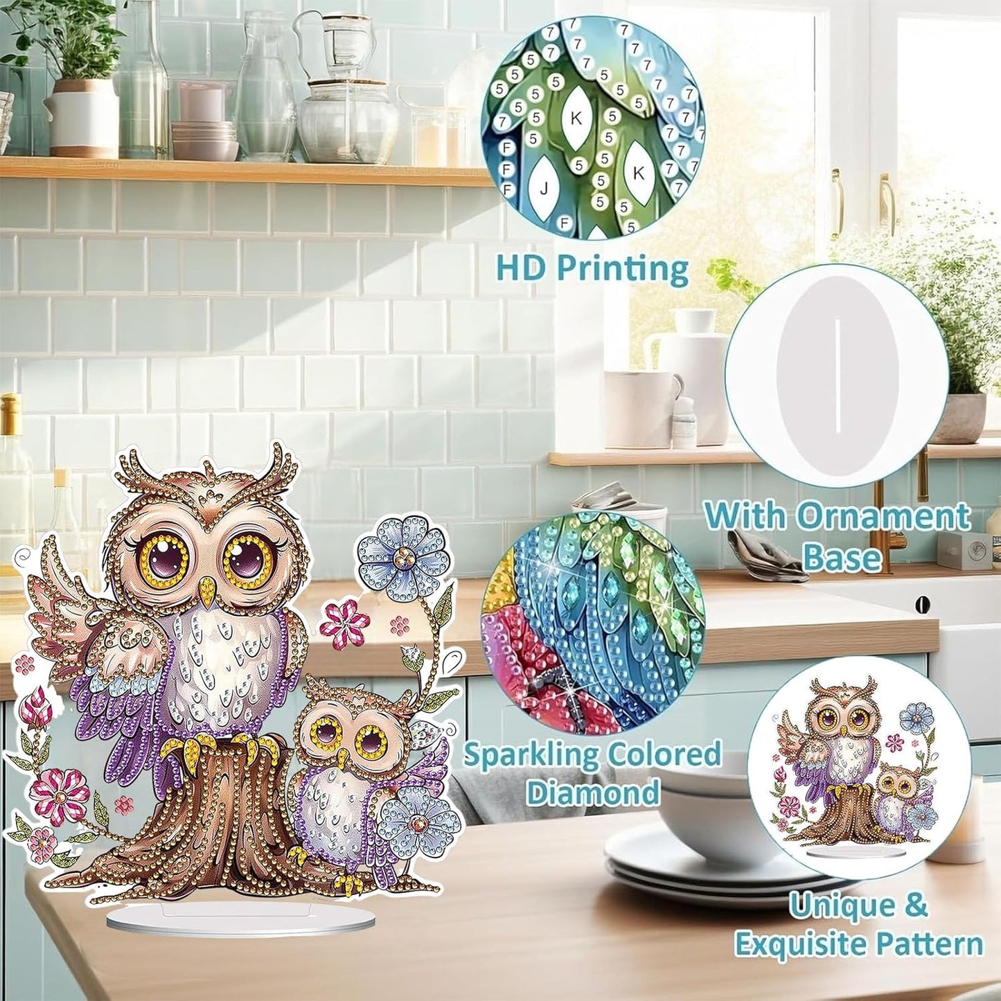 Diamond Painting Kits for Adults Beginners, 5D Full Drill Owl Crystal Art Desktop Ornament, DIY Single Sided Home Office Desk Decor, Creative Craft Gift Set with Tools