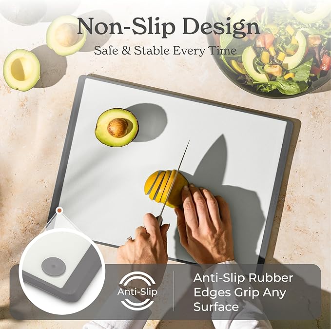SMIRLY Plastic Cutting Board Set with Holder 3 Pieces, Non-Slip Dishwasher Safe Chopping Boards for Kitchen, Grey & White
