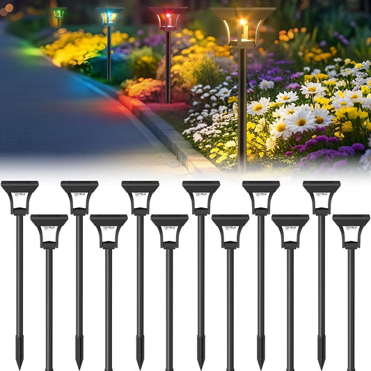CINOTON 12 Pack RGBCW Solar Pathway Outdoor Lights, 3 Lighting Modes Solar LED Garden Lights, IP65 Waterproof Outside Solar Powered Landscape Lighting for Planter Lawn Pool Balcony RGB/Warm/Cold White