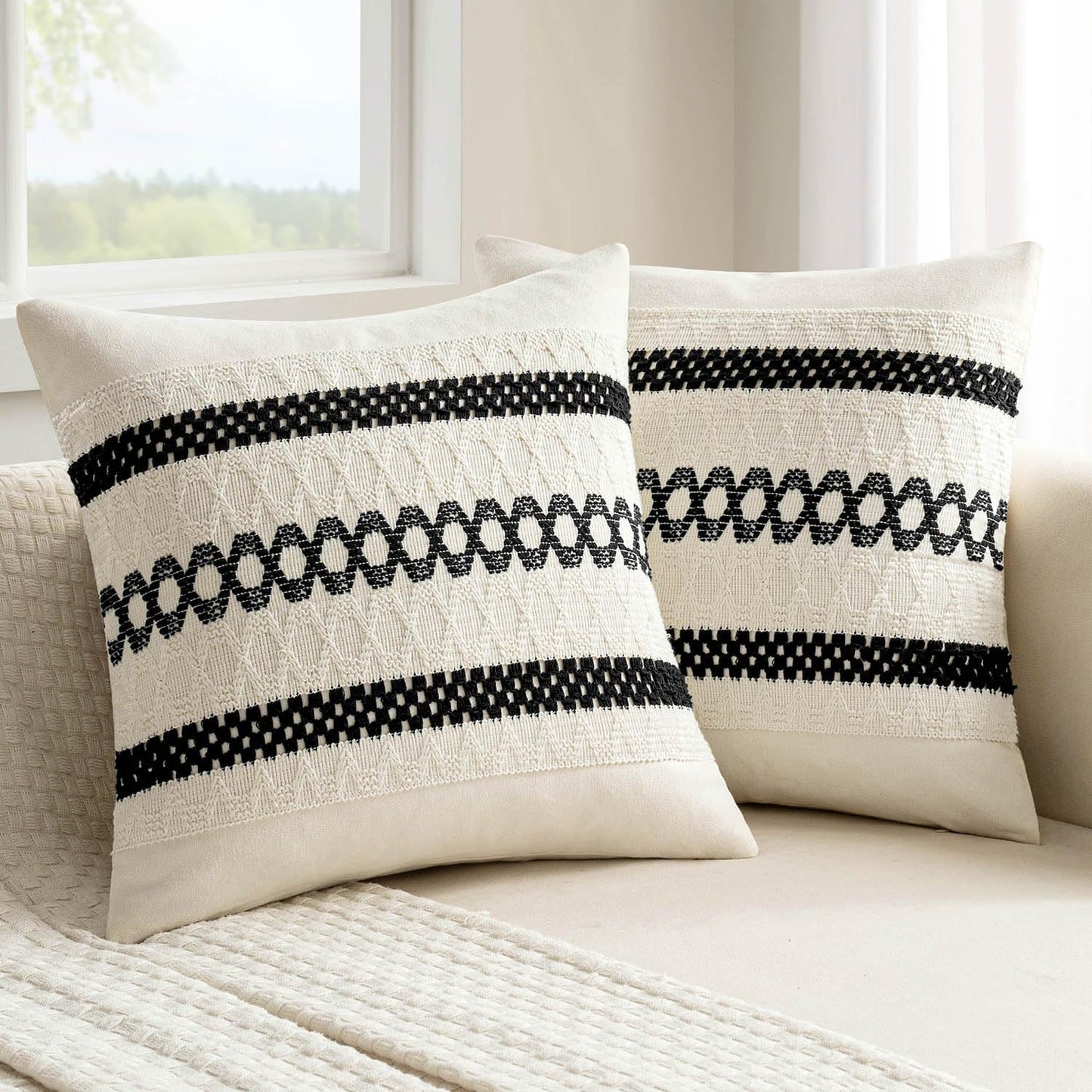 MIULEE Set of 2 Black Boho Decorative Pillow Covers 18x18 Inch Farmhouse Rustic Couch Throw Pillows Modern Spring Cotton Cushion Covers Retro Cute Macrame Woven Home Decor for Bed Sofa Chair