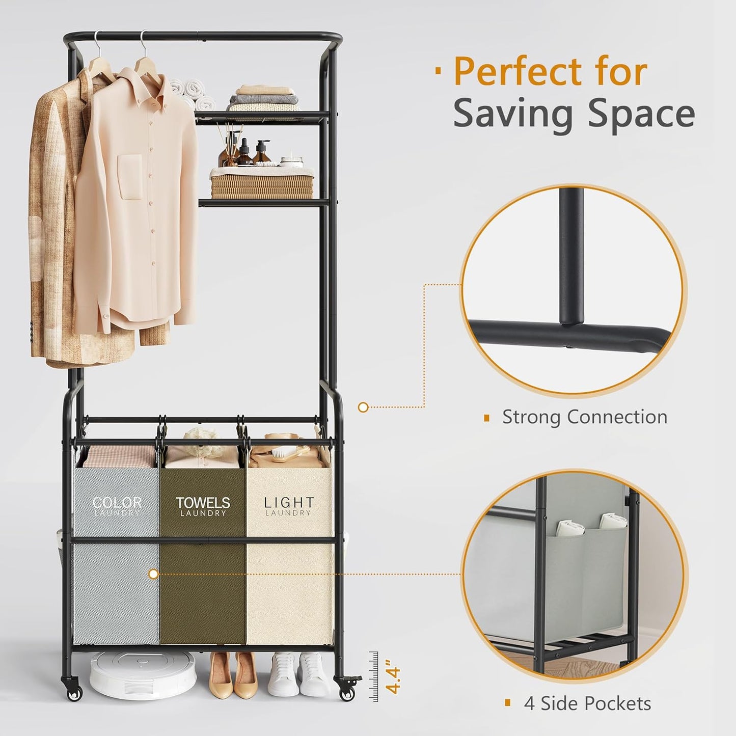 Laundry Sorter 3 Section,Laundry Hamper Cart with Hanging Rack & Removable Bags,Heavy Duty Laundry Basket Organizer with Wheels & 2 Tier Shelf,3 Colors