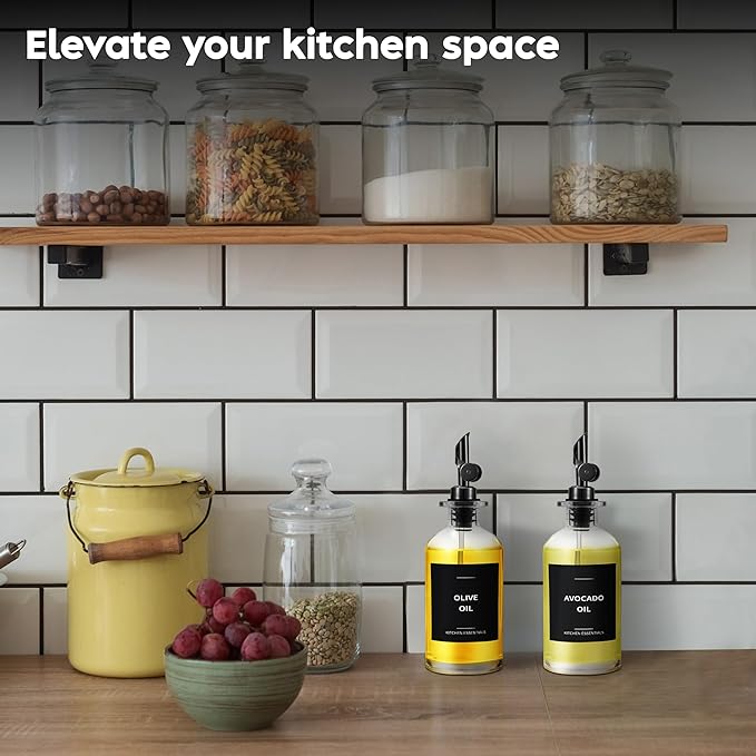 Olive Oil Dispenser Bottle - Includes 55 Kitchen Essential Labels - Cooking Oil Bottles for Kitchen, Coffee Syrup Dispenser - Pourer Spout with 11.8 fl oz Glass Container Cruet - 4pcs, Black