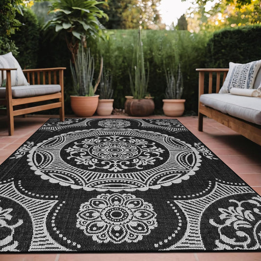 Medallion Outdoor Rug 10x14 Washable Outside Carpet for Indoor Patio Porch Waterproof Easy Cleaning Non Shedding Area Rugs Black 10 x 14