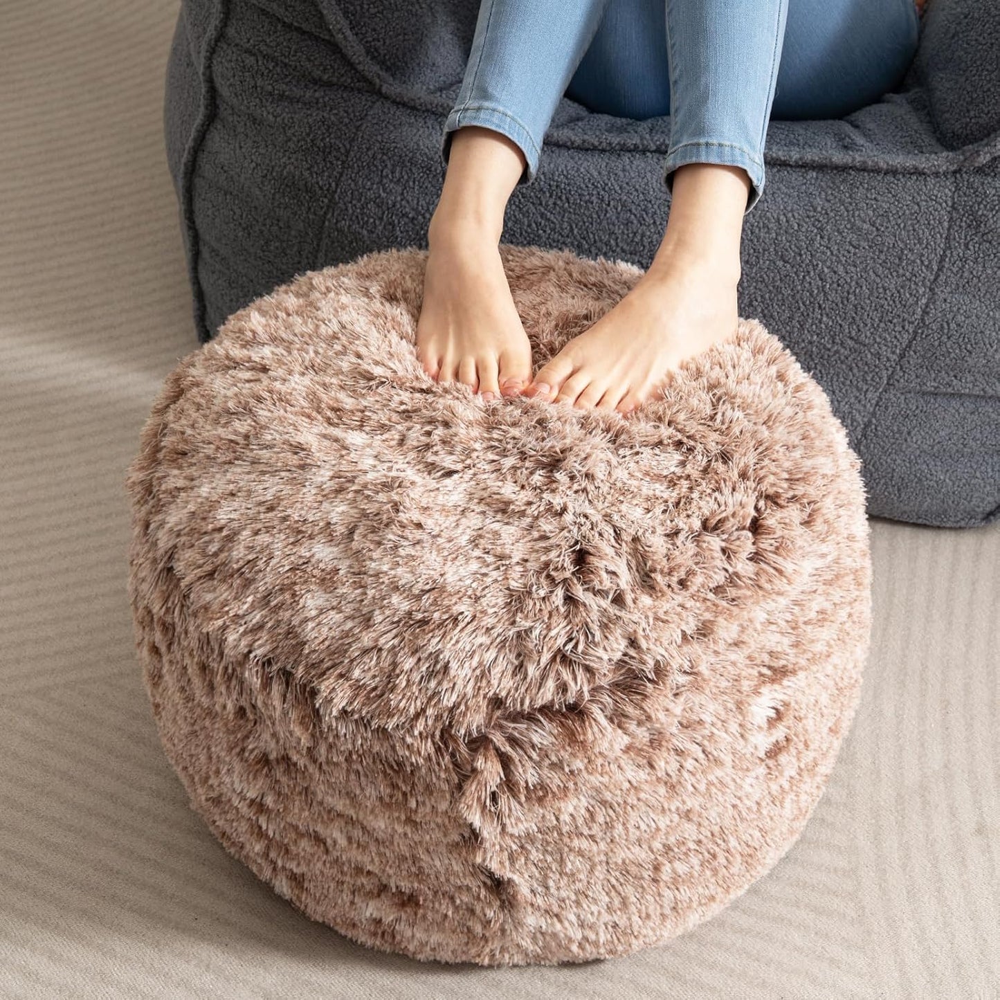 HIGOGOGO Round Stuffed Pouf Ottoman, Long Faux Fur Poufs with Foam Chunk Filling, Fluffy and Furry Pouf Foot Stool Storage Ottoman, 20 X 15 Floor Poufs Foot Rest for Living Room, Snow Coffee