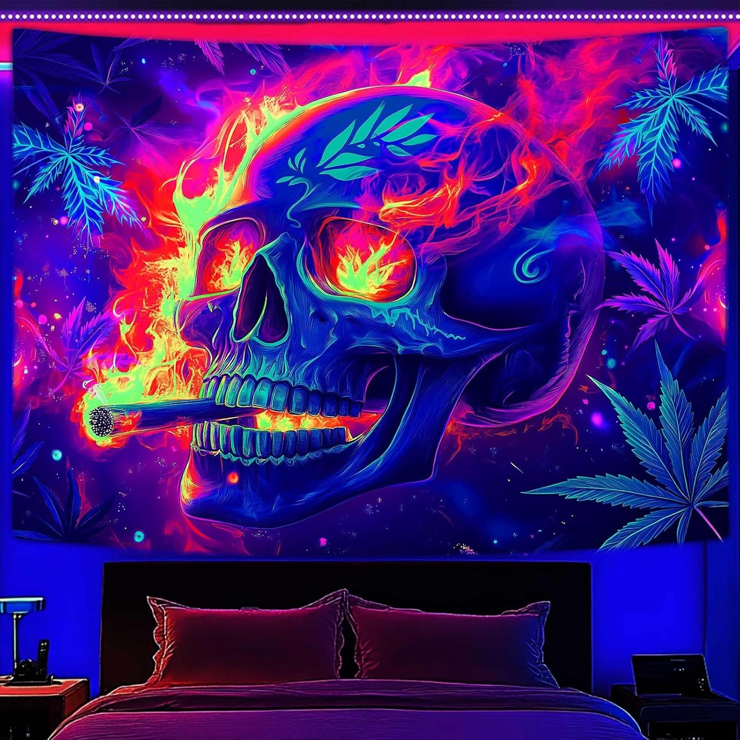 Blacklight Skeleton Tapestry, Glowing Skull UV Reactive Gothic Wall Hanging Tapestries, Glow in the Dark Grim Reaper Magic Horror Face Halloween Poster Tapestry for Bedroom Living Room Decor 70X60IN