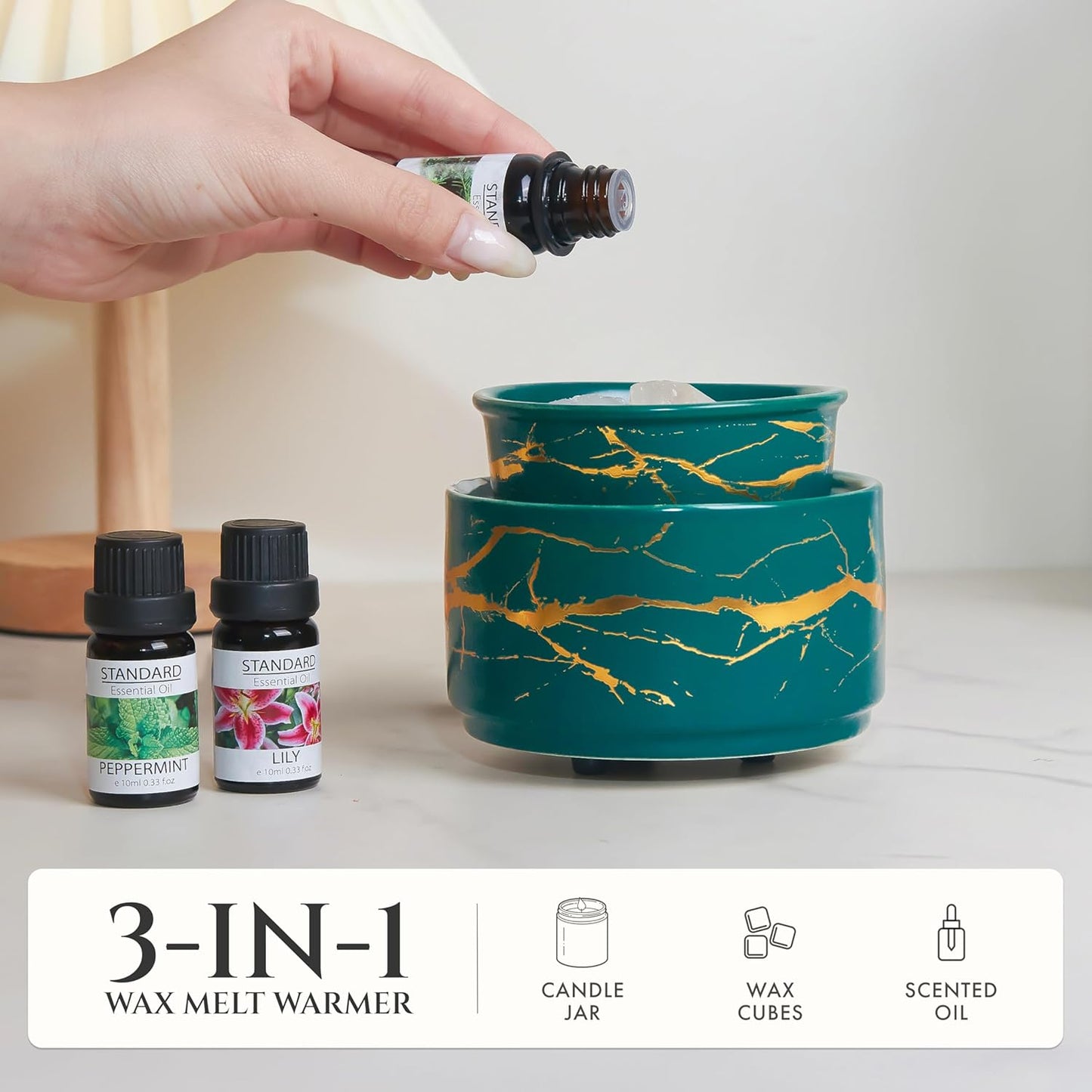 PALANCHY Wax Melt Warmer Ceramic 2-in-1 Oil Burner Electric Candle Wax Warmer Burner Melter Fragrance Warmer for Scented Waxs Home Office Bedroom Aromatherapy Gift& Décor (Green Gold)