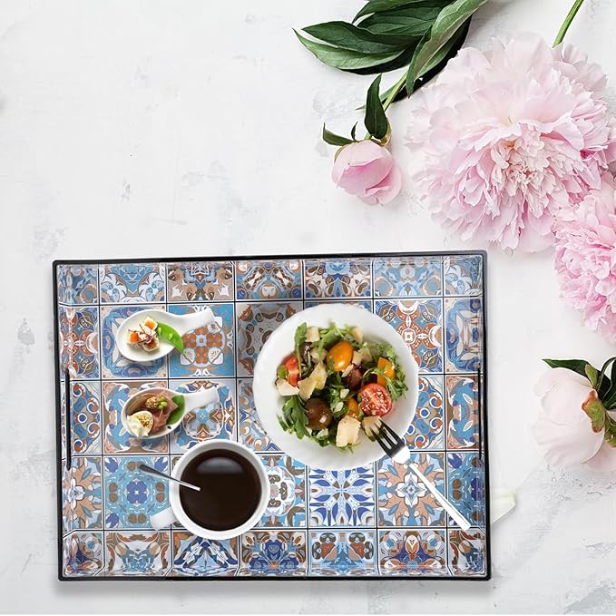 Spsyrine Serving Tray with Handles, Plastic Decorative Tray for Coffee Table, Living Room, Home Decor,Boho