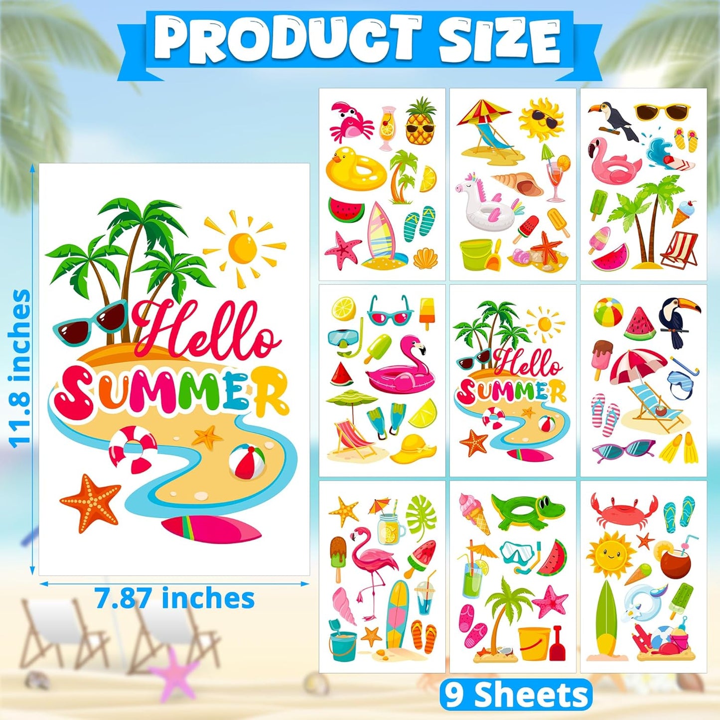 9 Sheets Summer Window Clings, Double Sided Summer Window Clings for Glass Windows, Hello Beach Decals, Sun Watermelon Pattern Stickers for Home Office Accessories Decorations