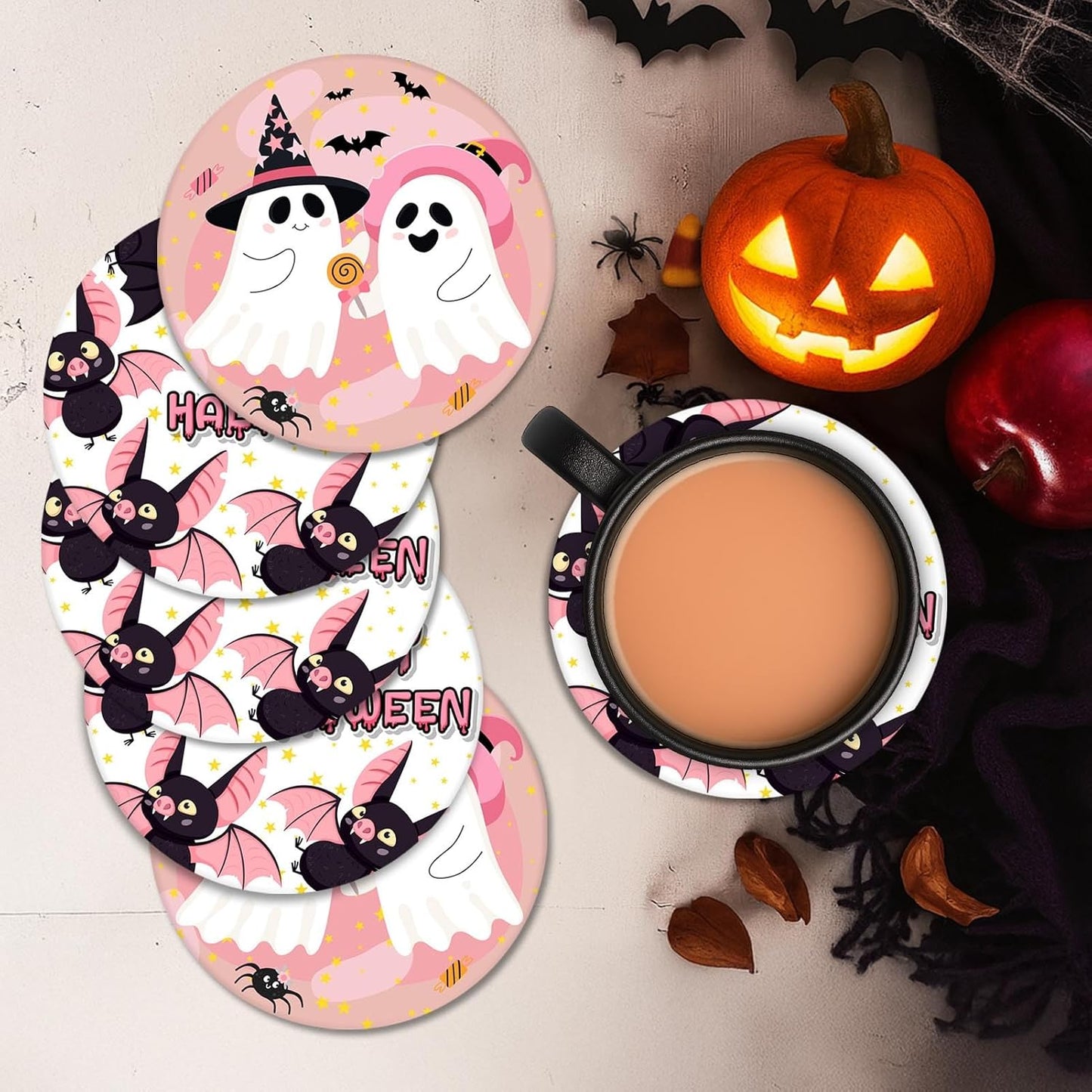 Coaster for Drinks Set of 6, Happy Halloween Cute Ghost Groovy Pink Absorbent Round Ceramic Stone Mat, with Cork Base and Metal Holder, Gift for Housewarming Room Bar Decor