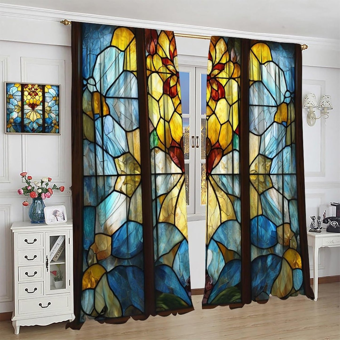 Stained Glass Curtains,Retro Abstract Colorful Art Home Decor Drapes for Bedroom Living Room Kitchen Window Treatment 2 Panels Set Total Size 42" W X 63" L Inch