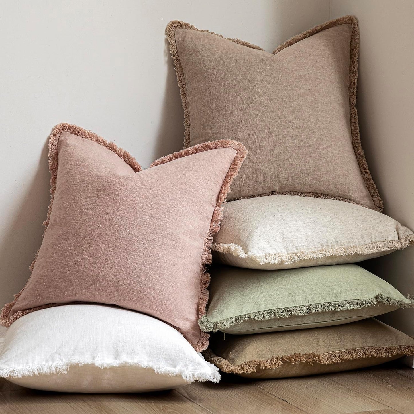 Foindtower Set of 2 Decorative Linen Fringe Throw Pillow Covers Boho Farmhouse Cushion Cover with Tassels Soft Accent Pillowcase for Couch Sofa Bed Living Room Home Decor,22×22 Inch,Light Sage Green