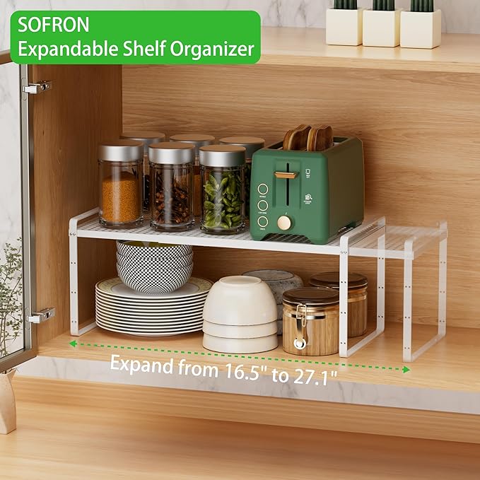 Expandable Cabinet Storage Shelf Stackable Organizer Rack for Kitchen Bathroom Pantry Spice Cupboard Coffee Countertop Home Office Desk Heavy Duty Nonslip White Large 3 Packs