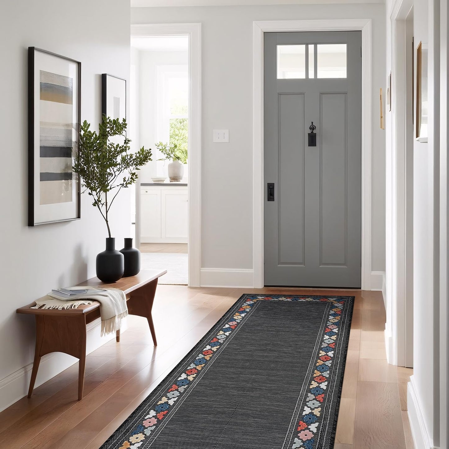 Beverly Rug Outdoor Runner Rug 2x7 Modern Floral Bordered Area Rugs for Indoor and Outdoor Patio Easy to Clean Non Shedding Living Room Porch Garden Washable Outside Carpet (2 x 7 Dark Gray)