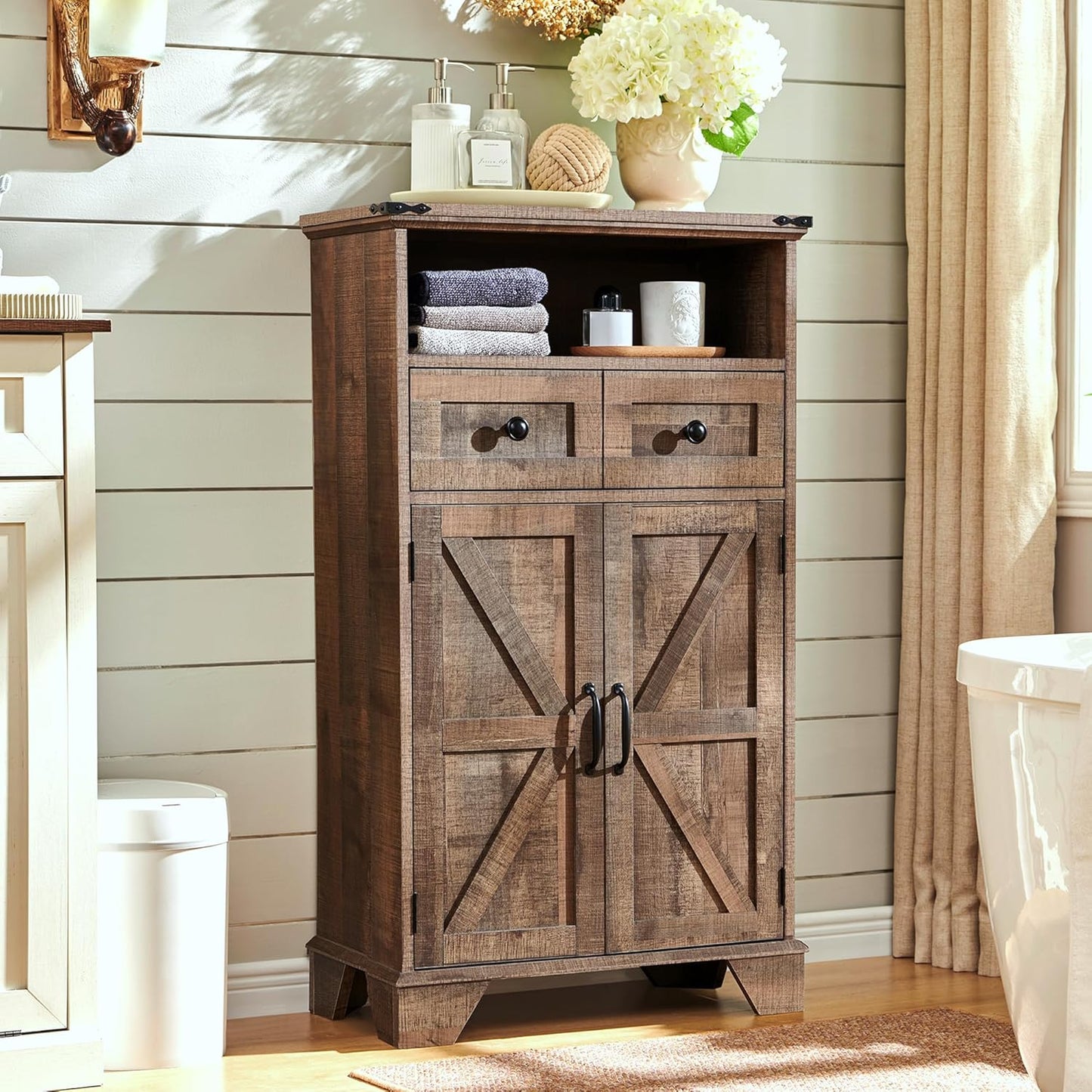 Bathroom Floor Cabinet, Farmhouse 24" Wide Cabinet with Drawer, Adjustable Shelf, Barn Doors, Cabinets for Bathroom, Kitchen, Living Room, Rustic Brown