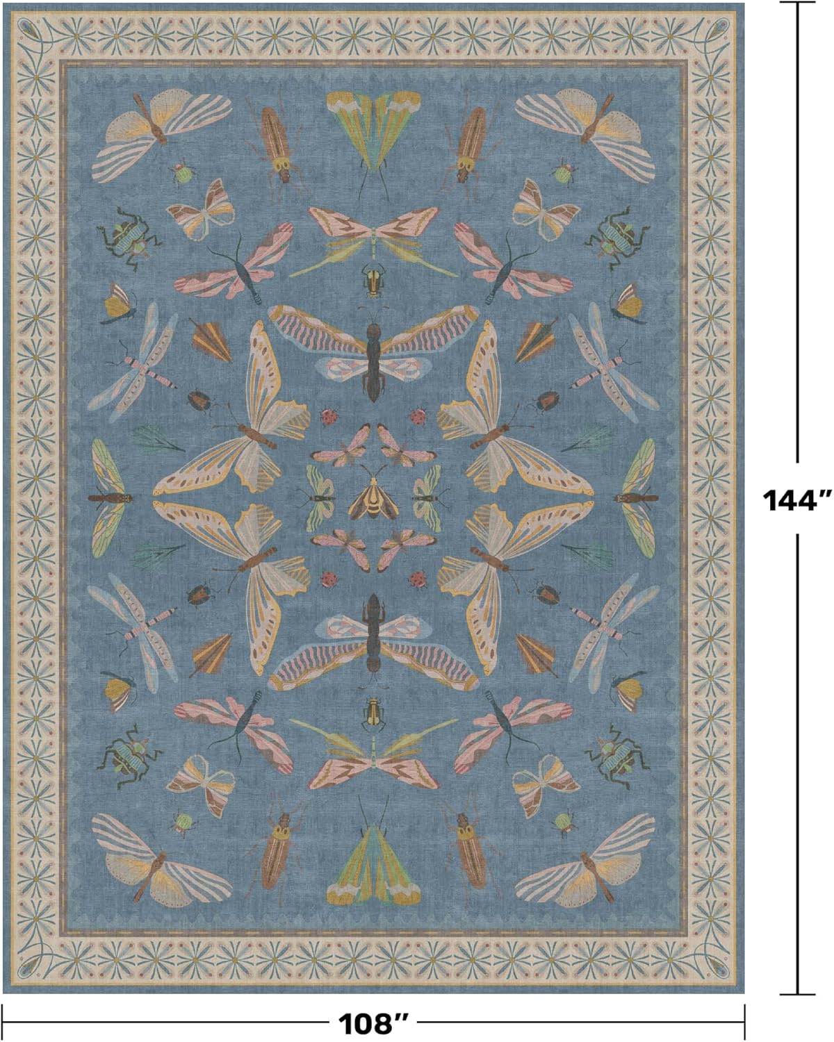 Insect Light Blue Rug for Living Room - 9x12 Cute Rugs for Bedroom, Moth Floral Boho Design, Low Pile Stain Resistant Washable, Perfect for High Traffic Area