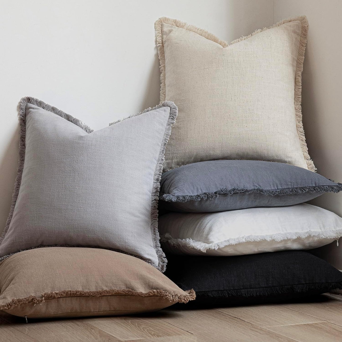 Foindtower Set of 2 Decorative Linen Fringe Throw Pillow Covers Cozy Farmhouse Cushion Cover with Tassels Accent Pillowcase for Couch Chair Sofa Bed Living Room Home Decor,22×22 Inch,Light Rustic Gray