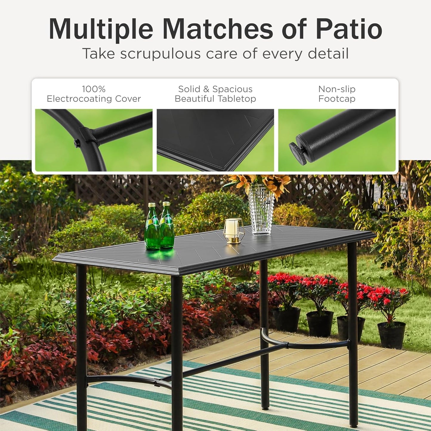 PHI VILLA Outdoor Patio Bar Table for 4-6, Counter Height Rectangle Bar Table with All Weather Metal Steel Frame Black for Outside, Yard, Garden and Deck