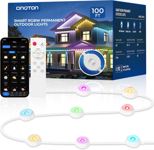 CINOTON Permanent Outdoor Lights 100ft, Smart RGBW Eaves Lights with 72 LEDs, IP67 Waterproof, 111 Scene Modes for Daily and Festival, Halloween Christmas Party Holiday Decor, APP/Voice/Remote Control
