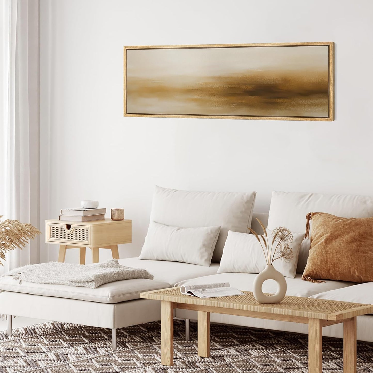 MUDECOR Large Framed Canvas Print Wall Art Minimalist Golden Brown Abstract Modern Neutral Illustrations Decorative Colorful for Bedroom - 60"x20"