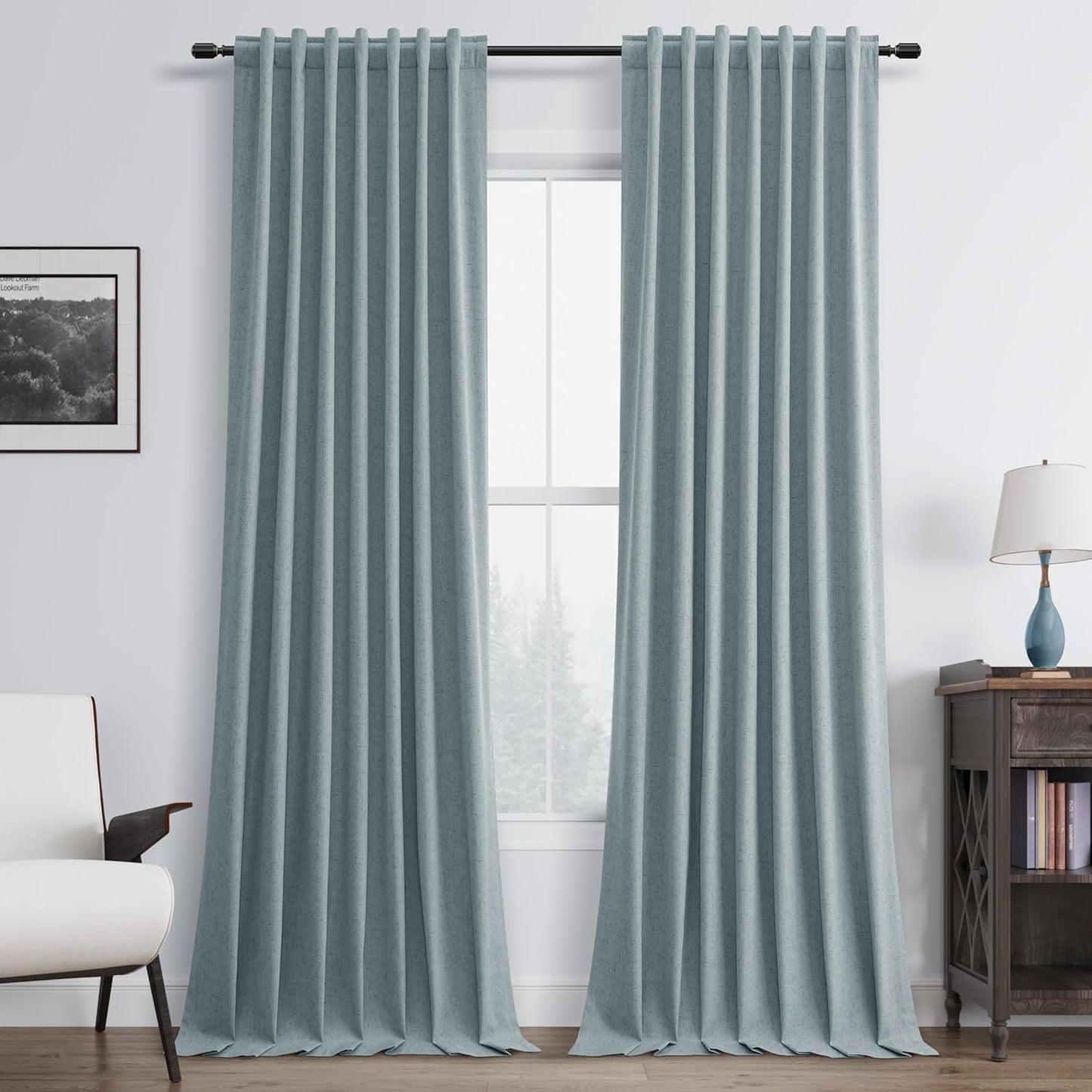 BOODII Room Darkening Curtains 120 Inch Back Tab Thermal Insulated Black Out Linen Drapes Extra Long Blackout Curtains for Patio Door Large Window Ceiling to Floor Light Blocking Stone Blue 52x120