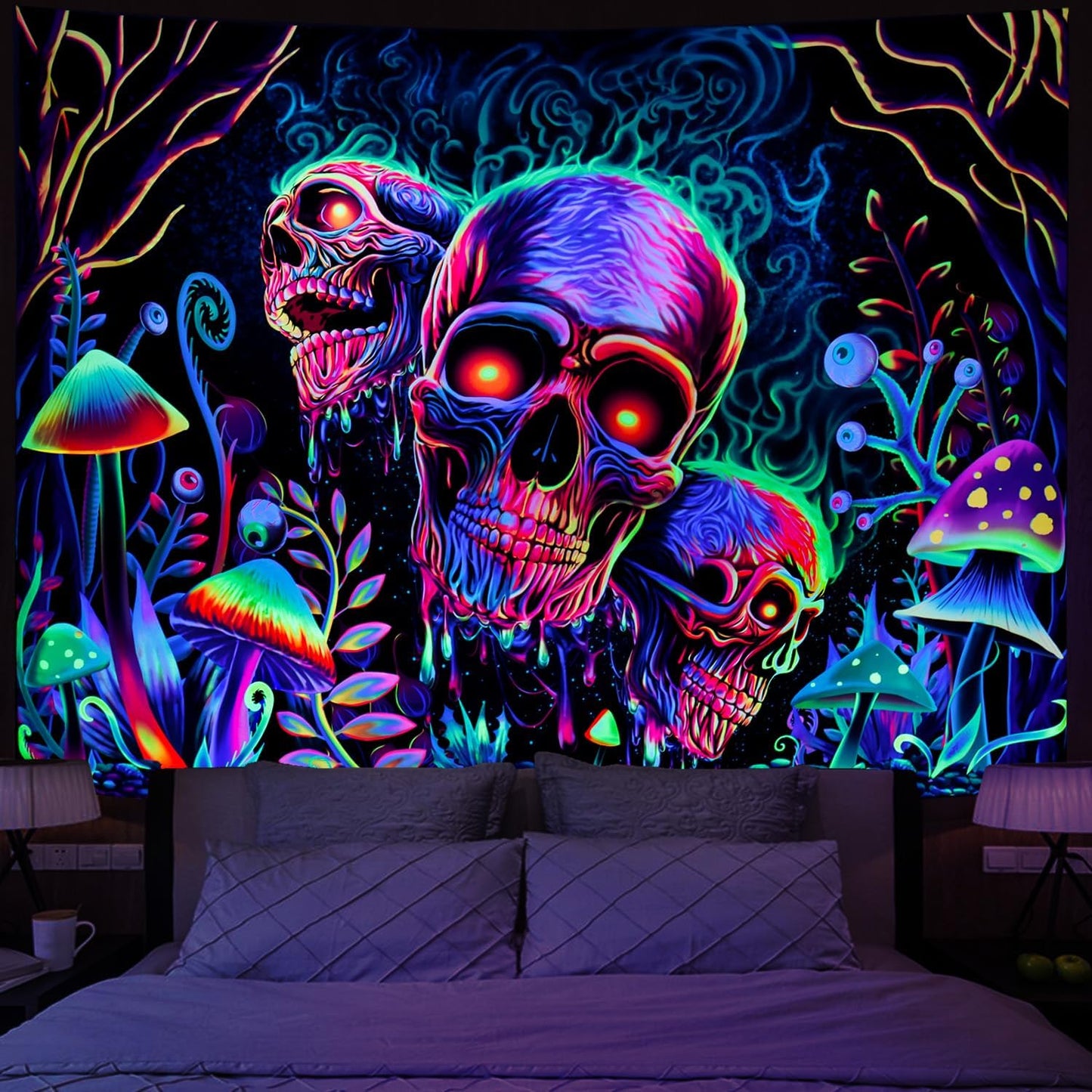 Amonercvita Blacklight Skull Tapestry Trippy Skeleton Wall Tapestries UV Reactive Neon Plants Trees Tapestries Aesthetic Galaxy Space Tapestry Wall Hanging for Bedroom Decor(H70.8×W92.5 inches)