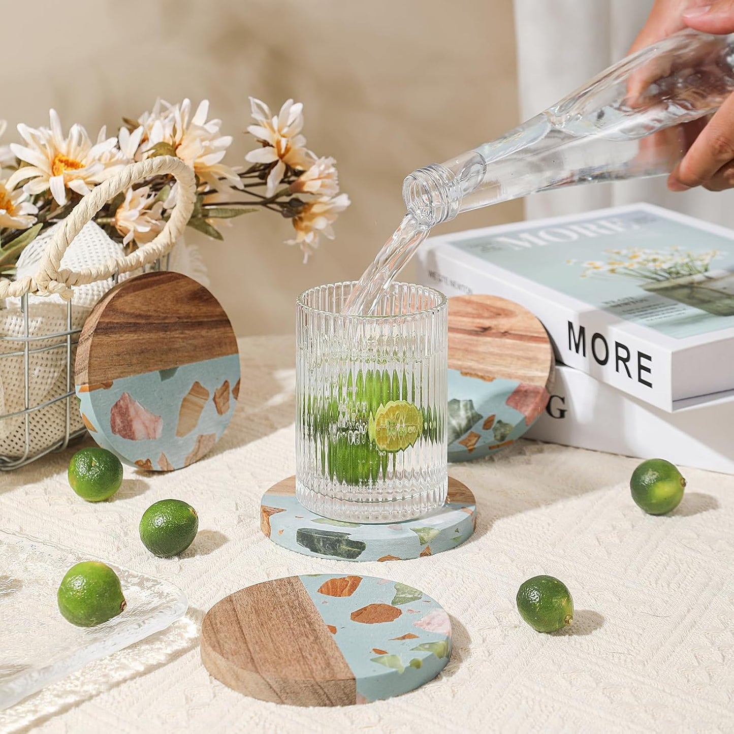 Drink Acacia Wood-Marble Coasters Set of 4,Cup Coaster for Coffee,Beverage,Cute Modern Cool Coasters for Home Decor,Table Desk Coaster Set for Housewarming,Living Room Decor (Green-Wooden)