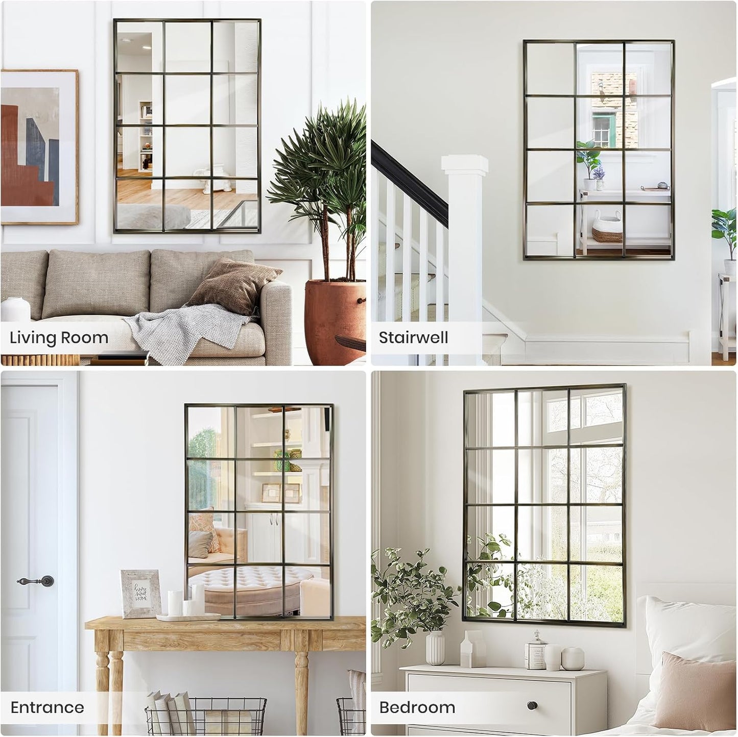 Windowpane Wall Mirror 30"x40" Bronze Wall Mounted Art Pane Mirror Farmhouse Decorative Mirror Leaning Hanging Wall Mirror for Bedroom Living Room Entrance Hallway Wall Decor