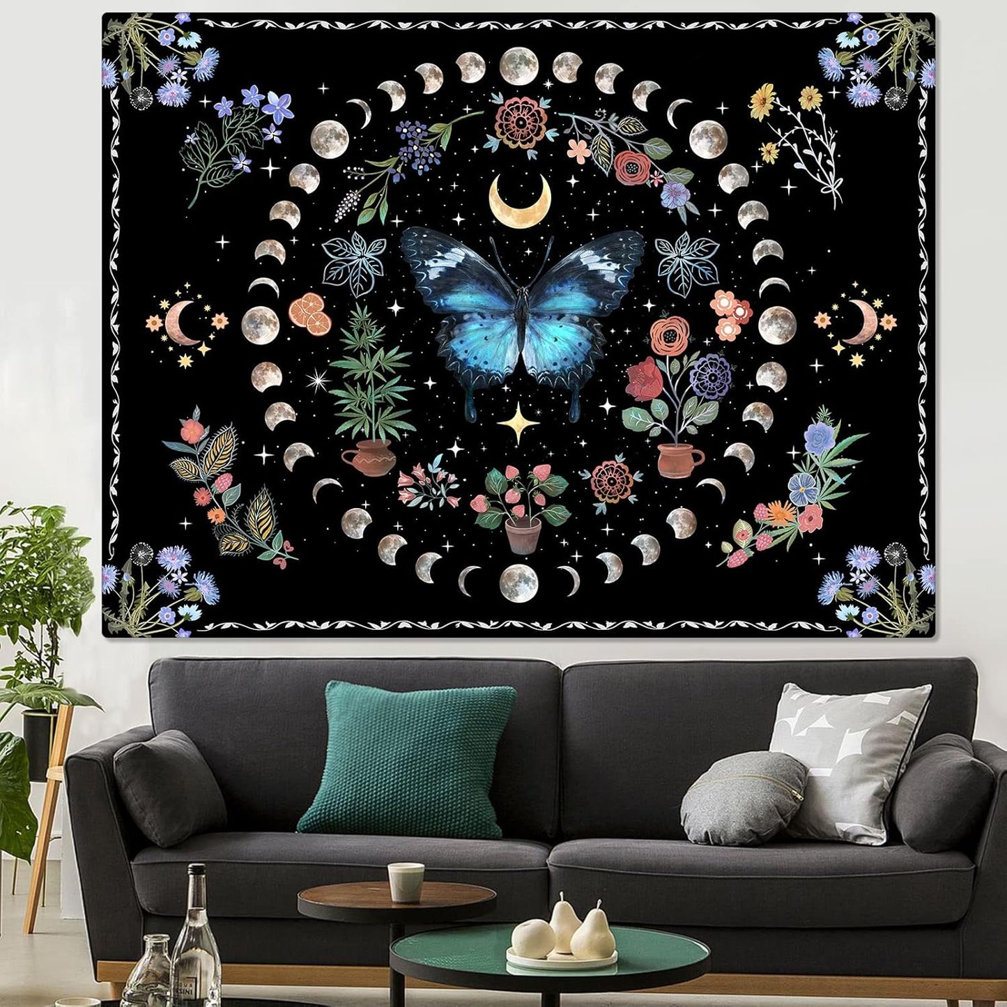 Fowocu Blue Butterfly Moon Flower Tapestry Boho Floral Plant Tapestries for Bedroom Aesthetic Nature Tapastry's Wall Hanging Mandala Botanical Wall Tapestry for Living Room Dorm (Blue, 48'' × 36'')