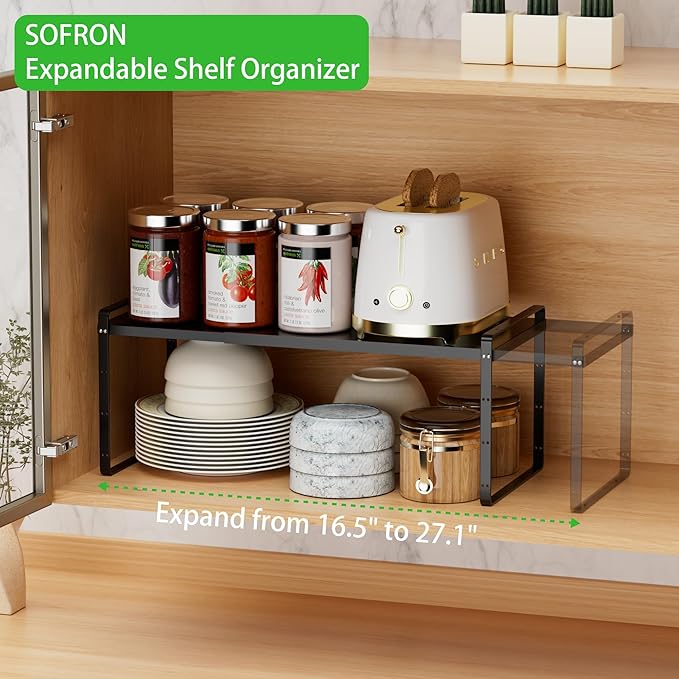 Expandable Cabinet Storage Shelf, Stackable Organizer Rack for Kitchen Bathroom Pantry Spice Cupboard Countertop Home Office Desk, Heavy Duty, Black Large 1 PACK, 10.2 Inch Depth