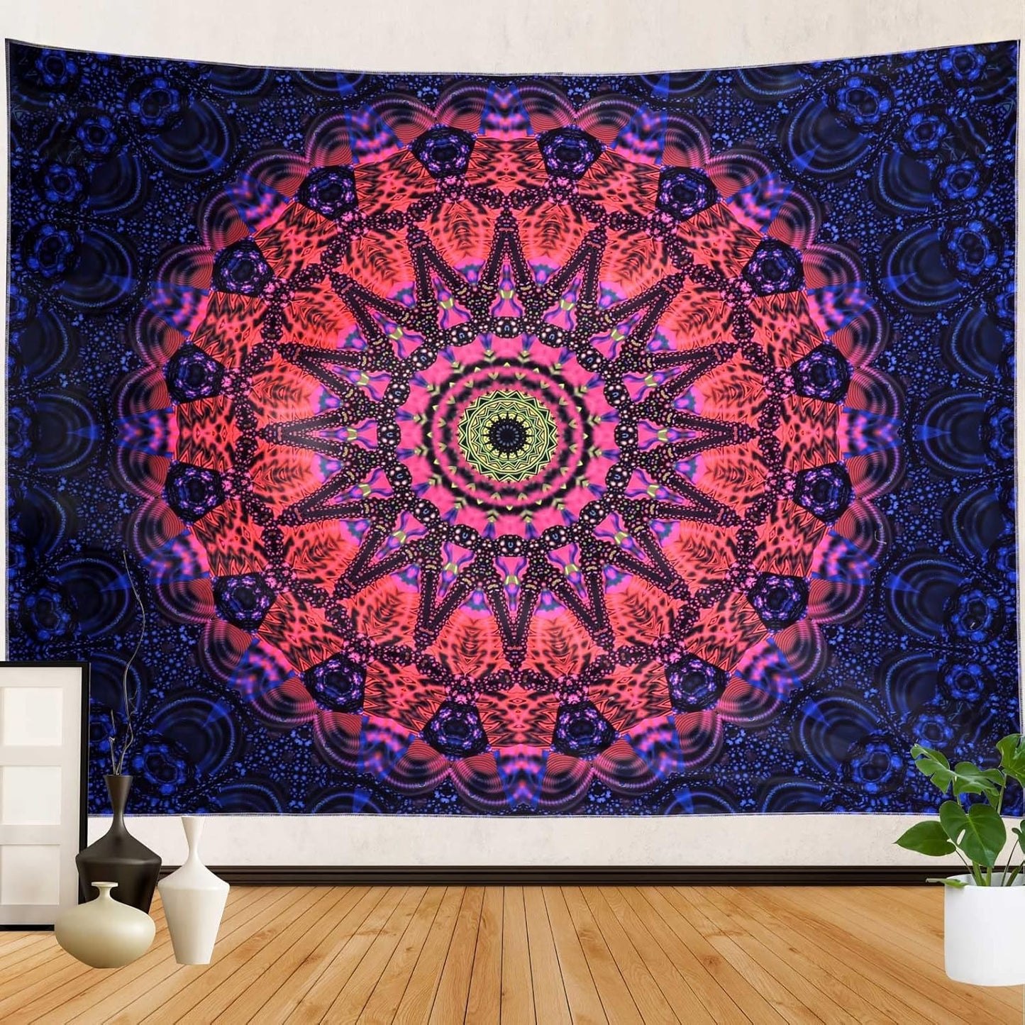 ADDWel Blacklight Mandala Boho Tapestry Glow In The Dark, Black Light Bohemian Hippie Poster Wall Hanging for Bedroom Aesthetic Wall and Room Decor (90" x 70", Mandala)