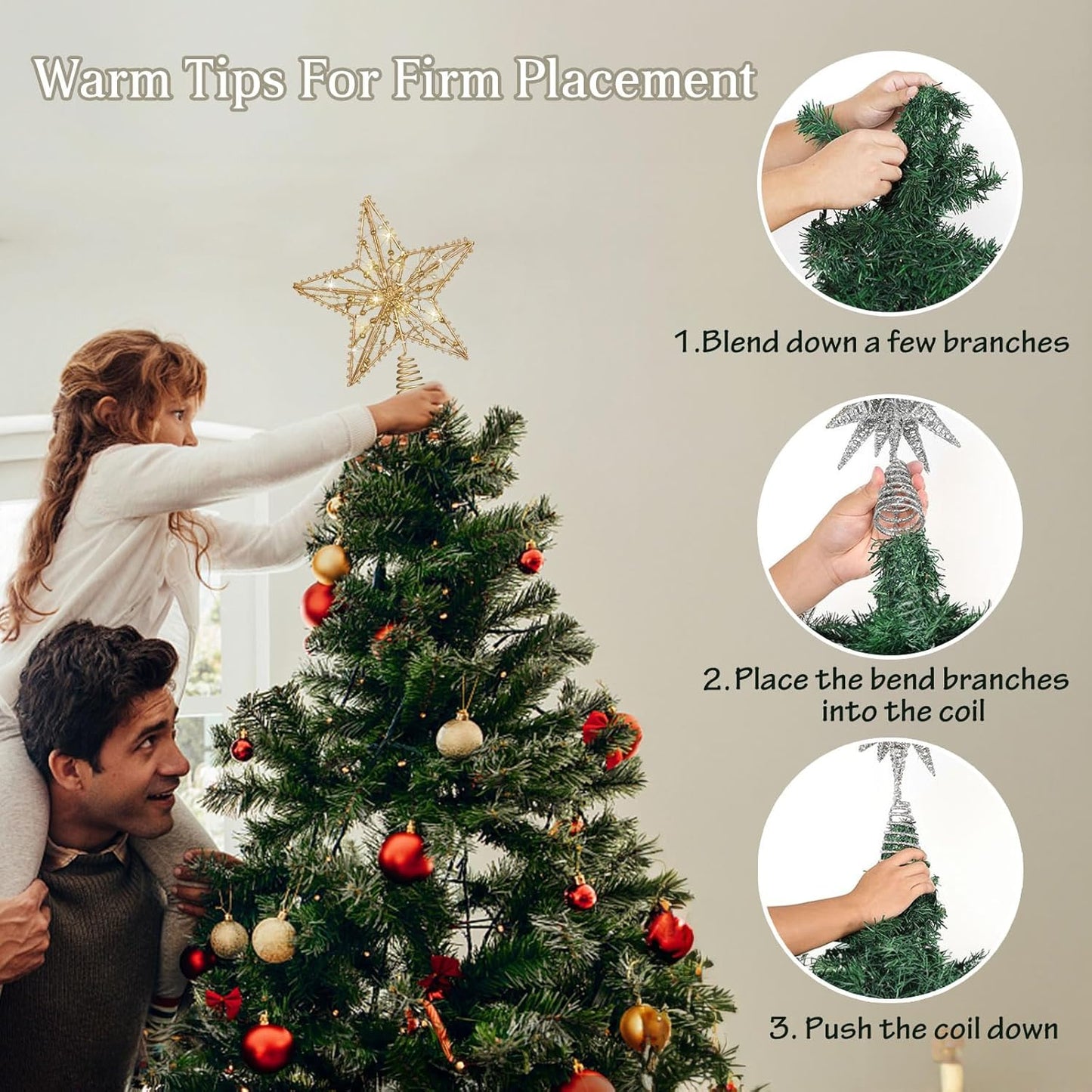 Christmas Tree Topper Star, 50 Warm LED Lights Star Tree Toppper with Glittered Pearl Beads for Christmas Tree Decorations and Xmas Holiday Seasonal Decor, Gold