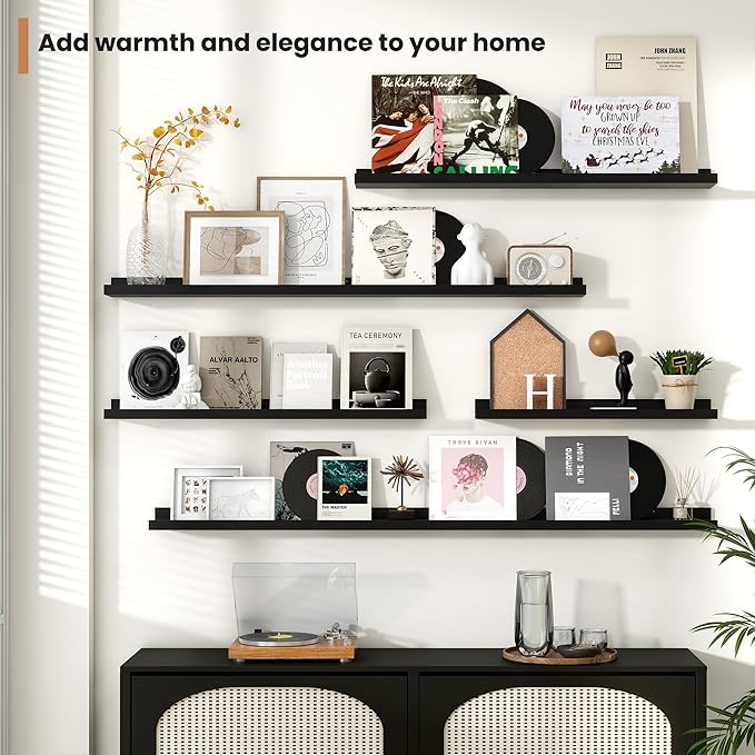 Fun Memories Picture Ledge Shelves Set of 2, 48 Inch Rustic Wall Mounted Floating Shelves with Lip for Home Storage and Décor in Bathroom, Kitchen, Nursery, Bedroom, Living Room, Black