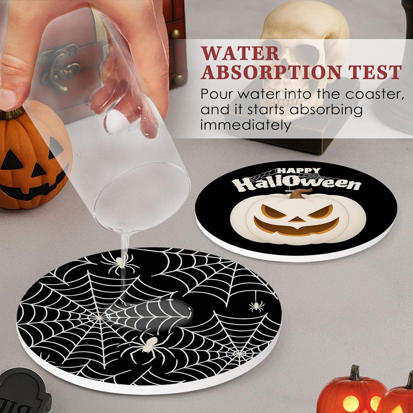 Coaster for Drinks Set of 6, Happy Halloween Pumpkin Spider Web Black Absorbent Round Ceramic Stone Mat, with Cork Base and Metal Holder, Gift for Housewarming Room Bar Decor