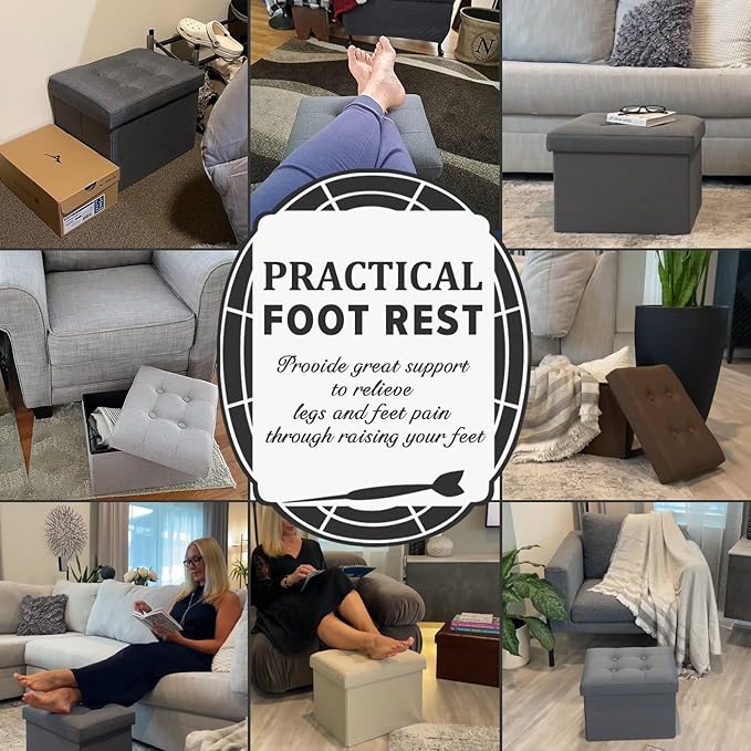 LINMAGCO Ottoman Storage Ottoman with Storage Small Foot Rest Stool Under Desk Stool Short Folding Footrest Linen Cloth Beigh 16X12X12IN