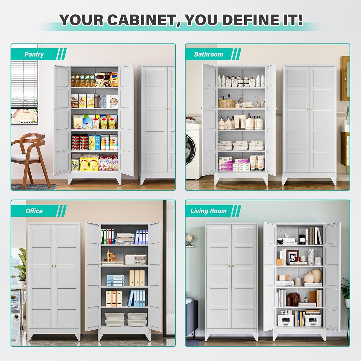 Wide & Deep Metal Storage Cabinet with 2 Doors and 5 Shelves,72 inch Tall Pantry Storage Cabinet,Large Cupboard Closet,White Cabinets for Home,Kitchen,Bathroom,Dining/Living Room