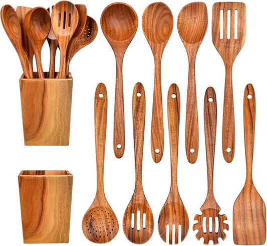 Gudamaye 13 inch Long Wooden Spoons for Cooking, 9 PCS Natural Teak Wooden Kitchen Utensil Set with Utensils Holder Made of Australia Camphor Laurel Wood，Wooden Utensils for Cooking