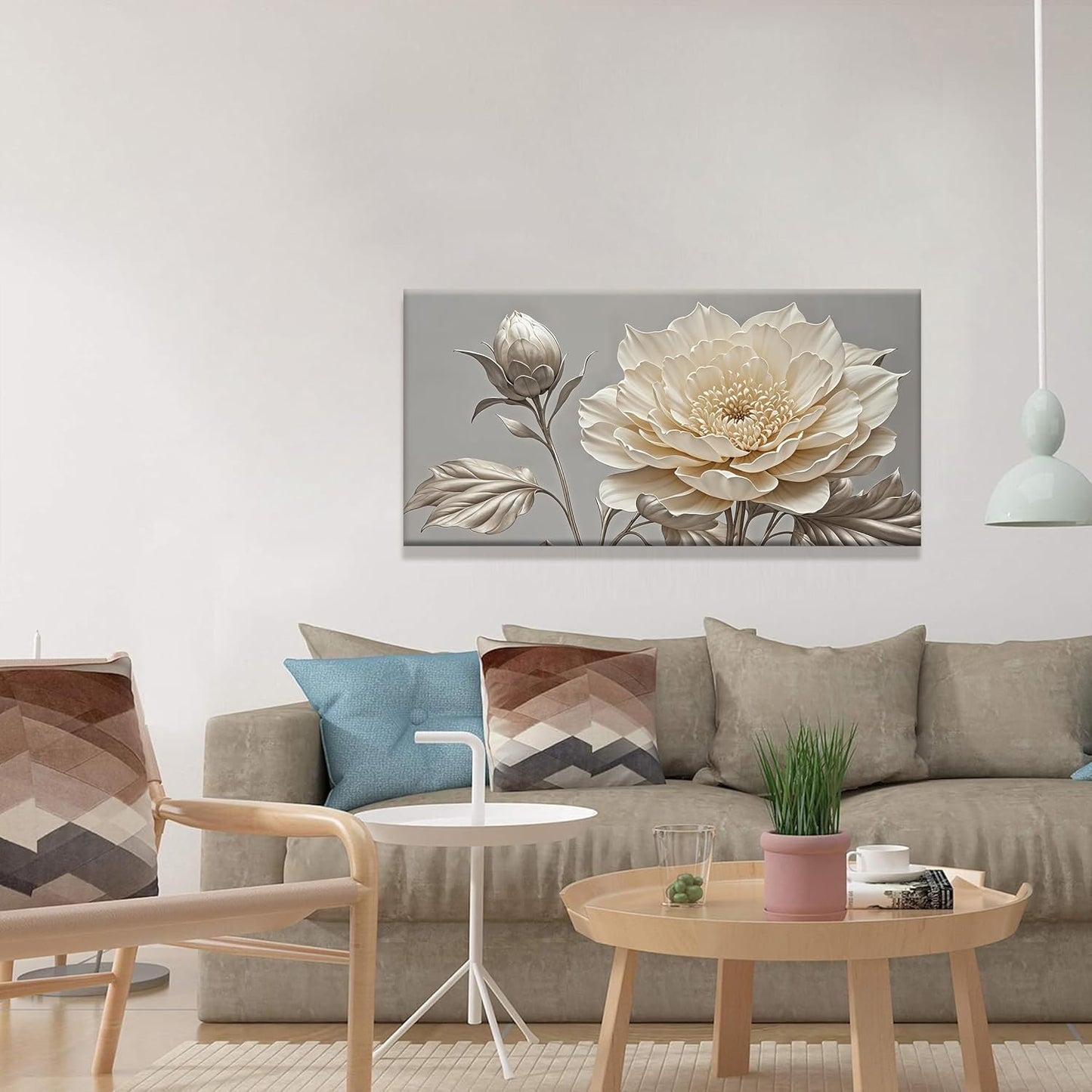 QSQ Canvas Art Wall Decor Print Paintings Silver White Flower Wall Art Prints Painting Pictures Ready To Hang Pictures For Bedroom Bathroom Office Kitchen Home Wall Decor Artwork 20" × 40"