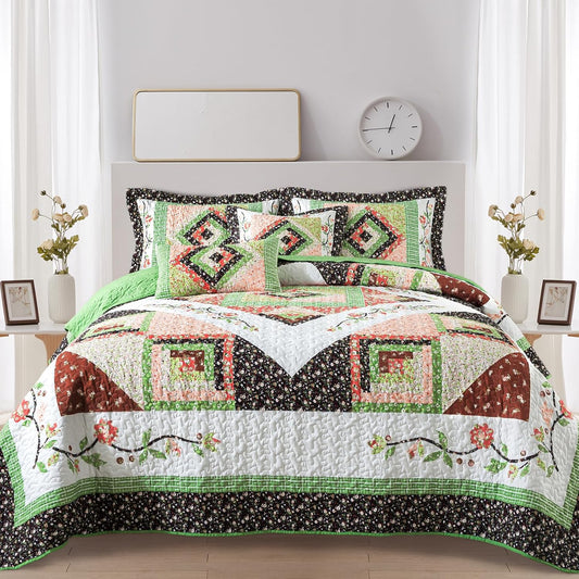 VAPUTAR Quilt Queen Size Bedding Set - Farmhouse Queen Size Bedspread Set for All Season, Lightweight Reversible Coverlet Quilt for Bedroom (90 × 98 Inch), Green