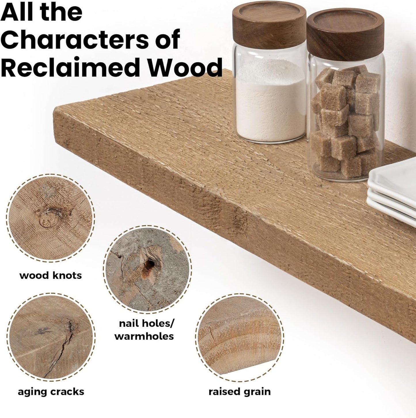 Floating Shelves - 8" Deep Rustic Reclaimed Barnwood Wall Hanging Shelves with Invisible Heavy-Duty Metal Bracket - Wall Mounted - Farmhouse Style - 48 inches, Distressed Natural